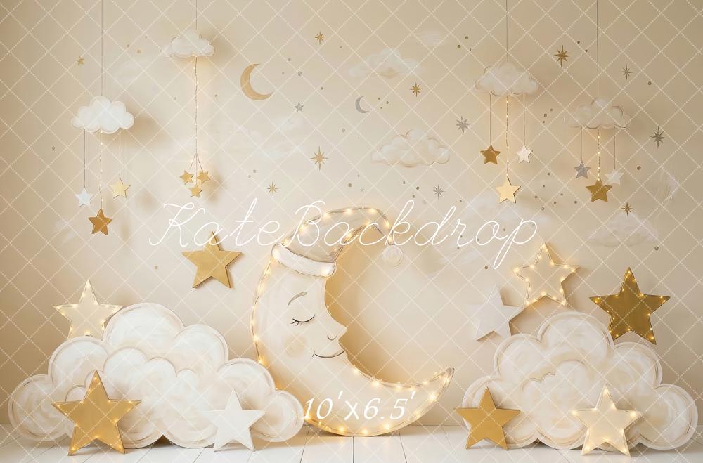 Kate Cake Smash Crescent Moon Clouds Gold Stars Printed Backdrop Designed by Patty Roberts