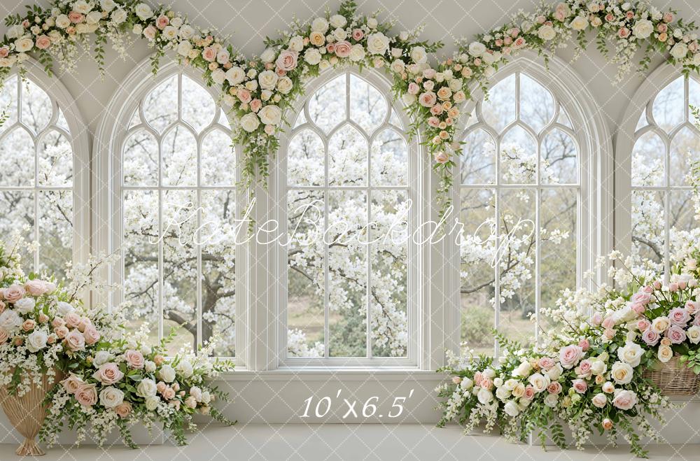 Kate Spring Flower Arch Large Windows White Pink Roses Backdrop Designed by Mini MakeBelieve