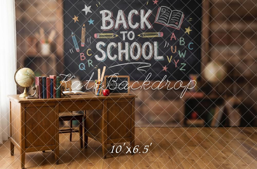 Kate Back to School Chalkboard Desk Globe Books Printed Backdrop Designed by Happy Squirrel Design