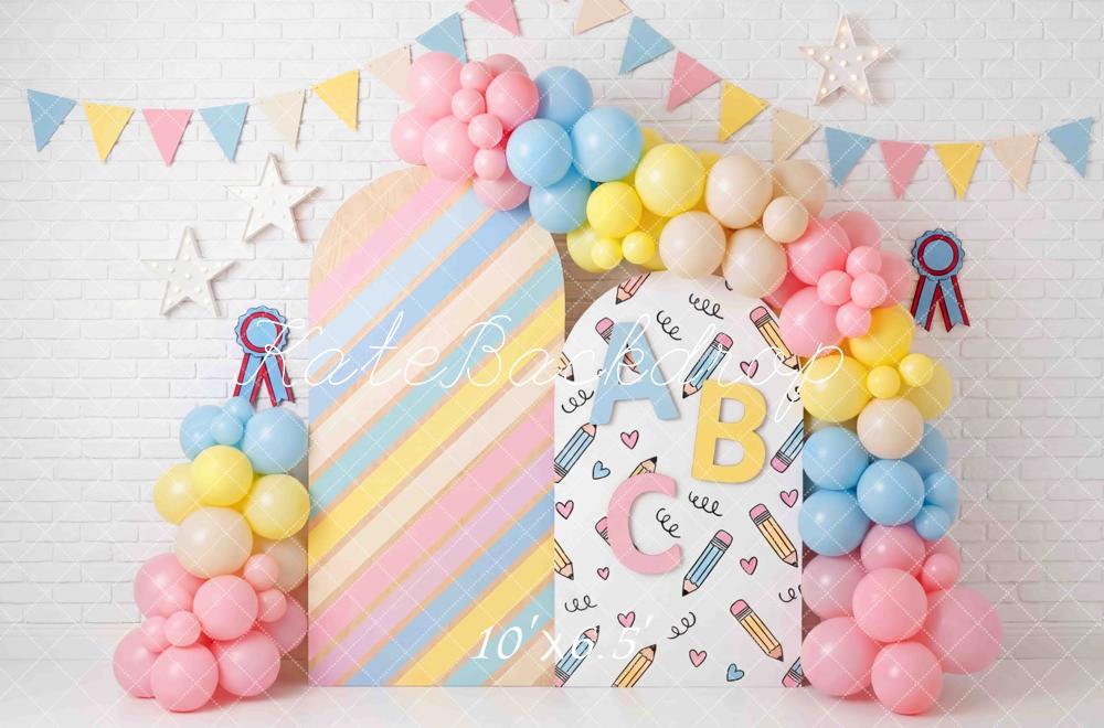 Kate Back to School ABC Balloons Pastel Stripes Printed Backdrop Designed by Mini MakeBelieve