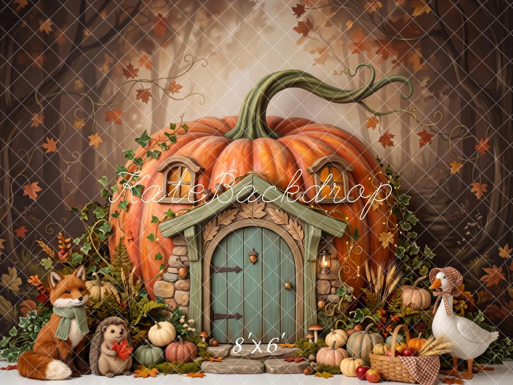 Kate Fall Pumpkin Cottage Woodland Animals Printed Backdrop Designed by Patty Roberts