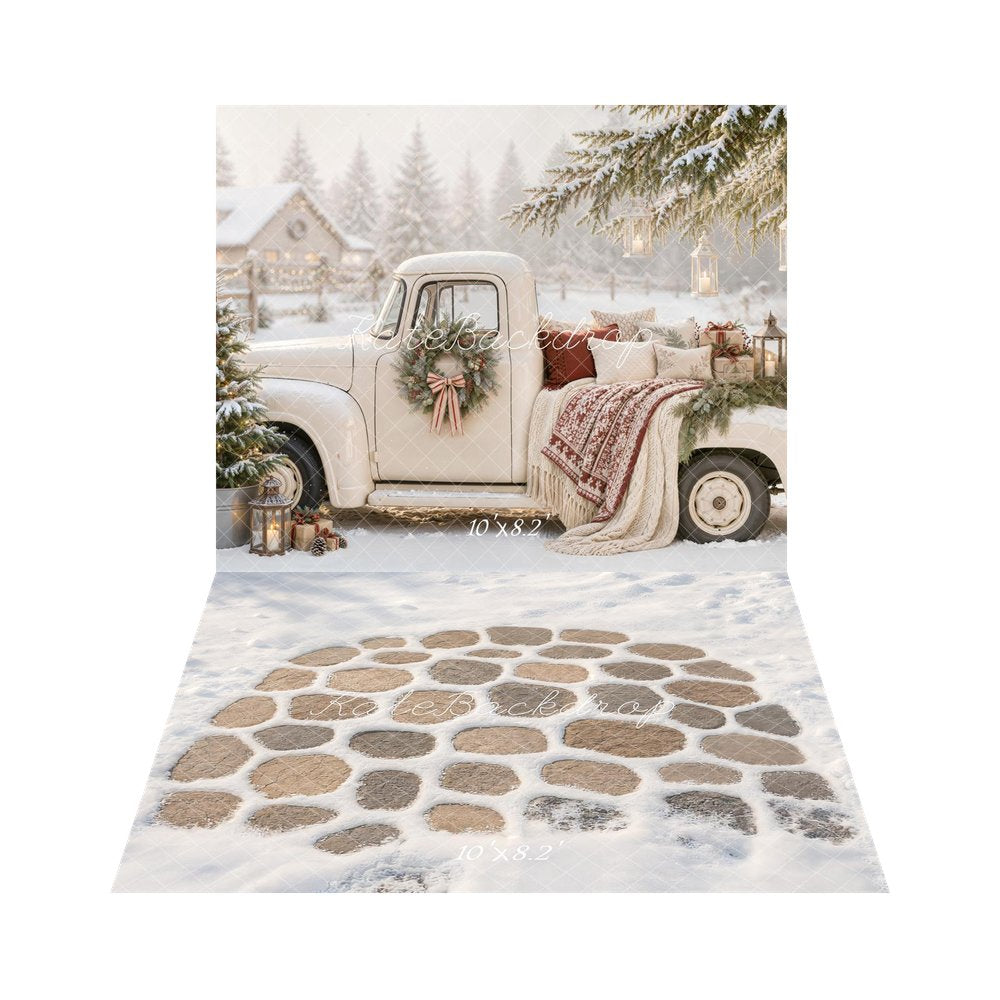 Kate Christmas Vintage Truck Snowy Cabin Printed Backdrop+Winter Snowy Cobblestone Path Floor Printed Backdrop