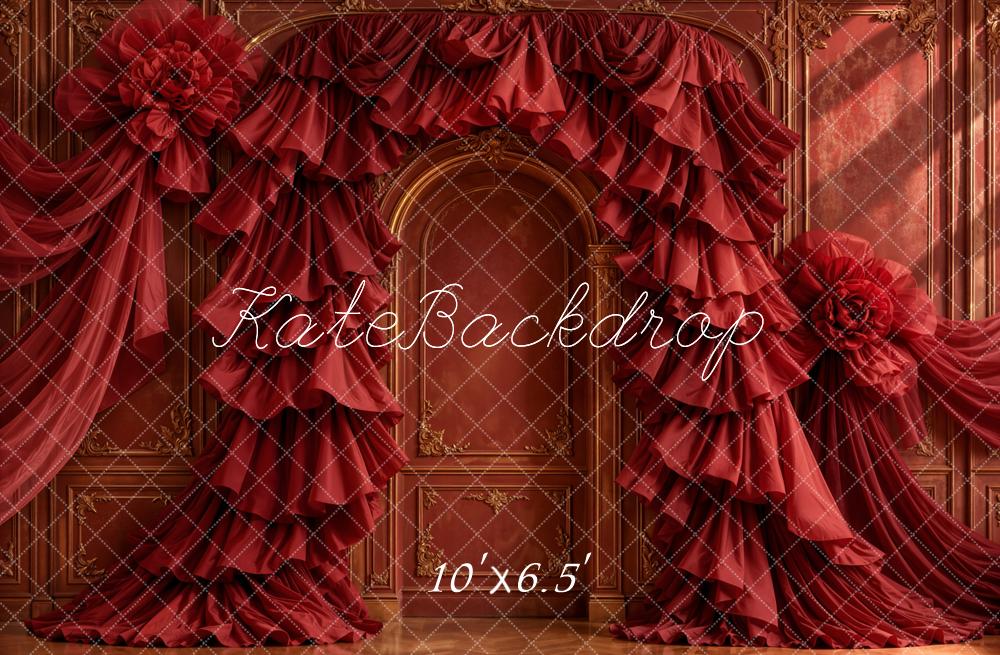 Kate Romantic Red Ruffled Drapery Fabric Rosettes Ornate Retro Wall Printed Backdrop Designed by Emetselch