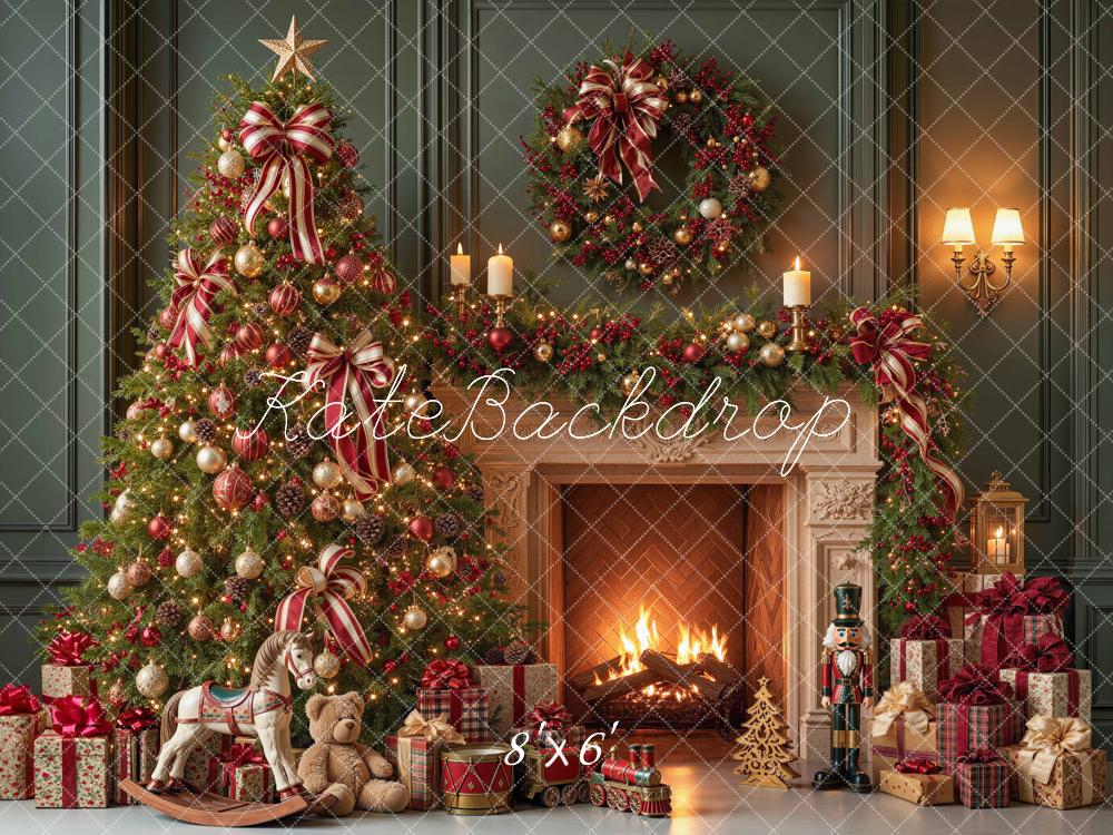 Kate Christmas Tree Fireplace Striped Wreath Gifts Green Printed Backdrop Designed by Mini MakeBelieve