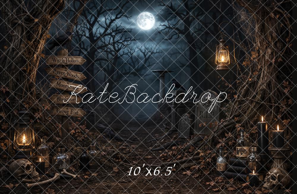 Kate Halloween Dark Forest Moon Graveyard Printed Backdrop Designed by Emetselch
