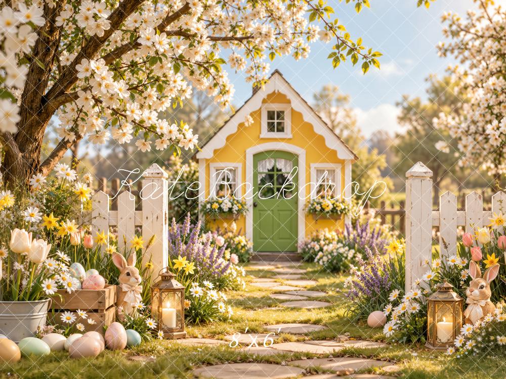Kate Easter Yellow Cottage Garden Cherry Blossoms Bunny Printed Backdrop Designed by Emetselch