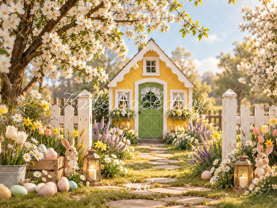 Kate Easter Yellow Cottage Garden Cherry Blossoms Bunny Printed Backdr