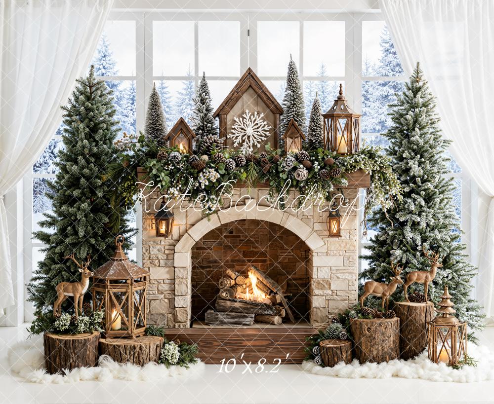 Kate Christmas Stone Fireplace Pine Trees Lanterns Deer Window Backdrop Designed by Emetselch