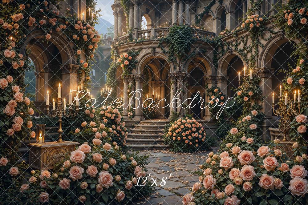 Kate Spring Flower Arch Candlelight Cascading Stairs Printed Backdrop Designed by Mini MakeBelieve