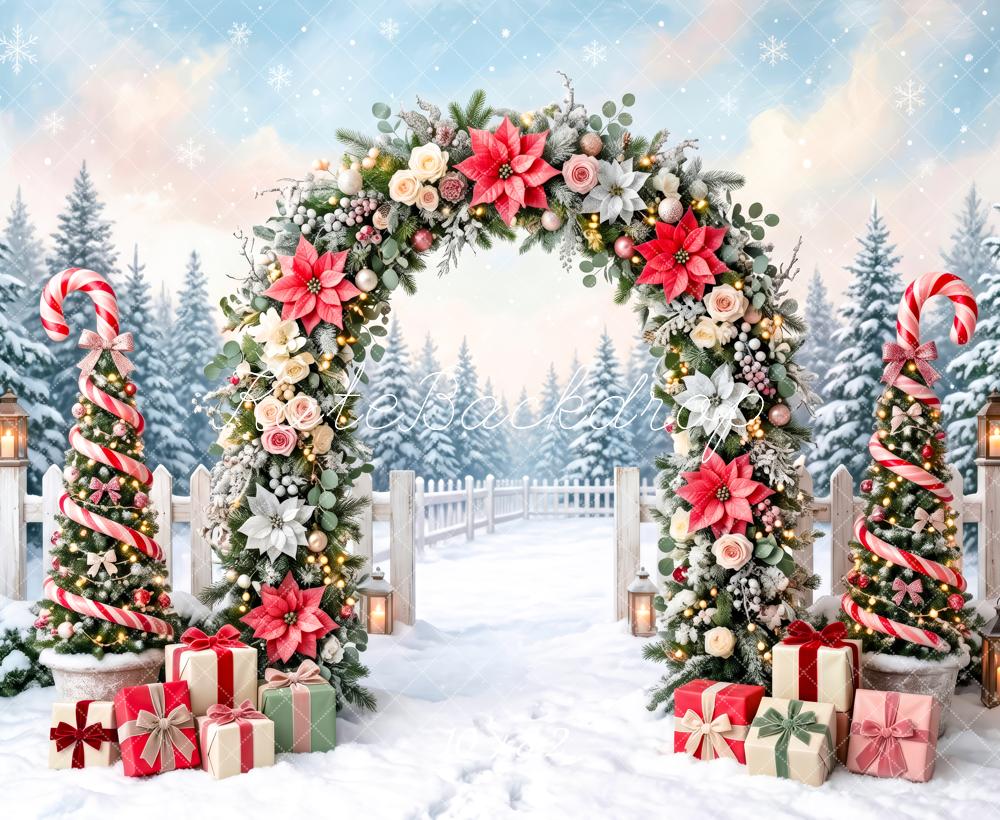 Kate Christmas Candy Cane Floral Arch Gifts Snow Printed Backdrop Designed by Patty Roberts