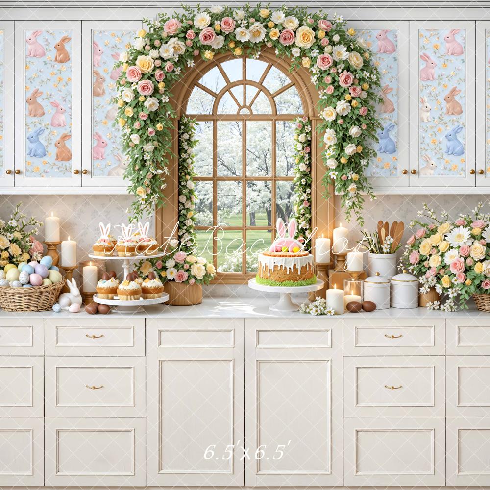 Kate Easter Bunny Kitchen Floral Arch Printed Backdrop Designed by Mini MakeBelieve