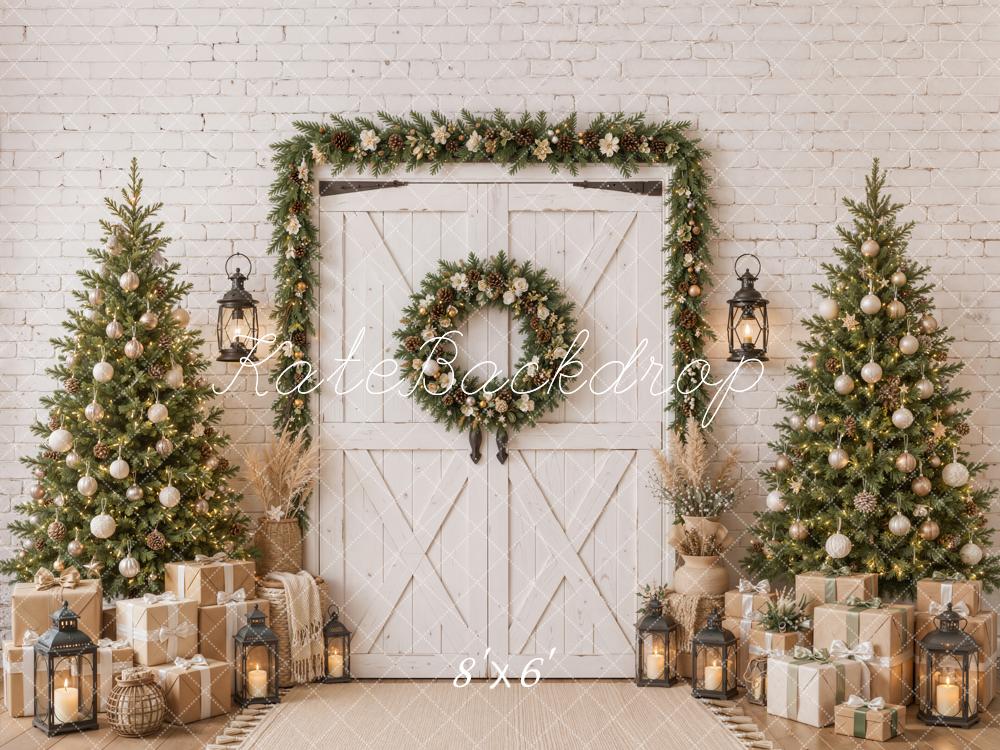 Kate Christmas Barn Door Garland Wreath Christmas Trees Printed Backdrop Designed by Emetselch