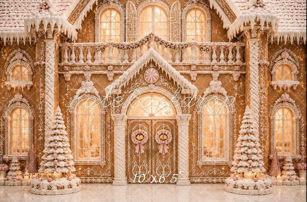 Kate Christmas Snowy Gingerbread Palace Printed Backdrop Designed by Caitlin Lynch