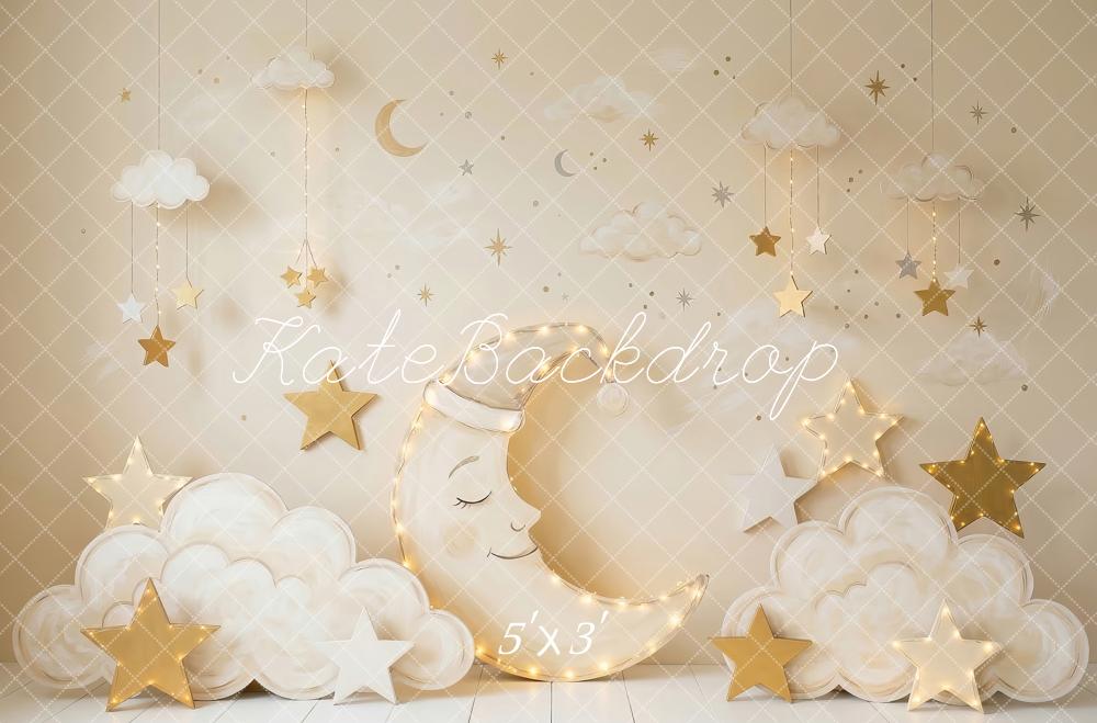 Kate Cake Smash Crescent Moon Clouds Gold Stars Printed Backdrop Designed by Patty Roberts