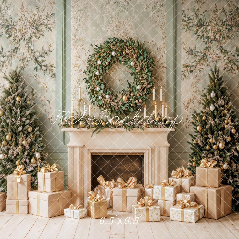 Kate Christmas Fireplace Tree Wreath Green Retro Wall Backdrop Designed by Emetselch