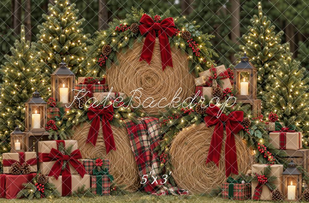 Kate Christmas Hay Bale Wreaths Red Bow Tartan Gifts Trees Printed Backdrop Designed by Emetselch