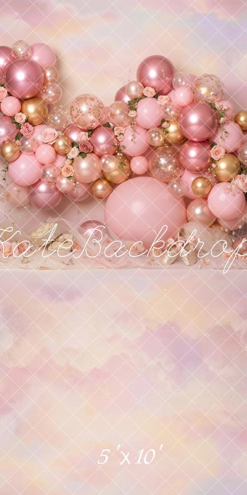 Kate Sweep Cake Smash Pink Balloon Garland Roses Pastel Clouds Printed Backdrop Designed by Emetselch