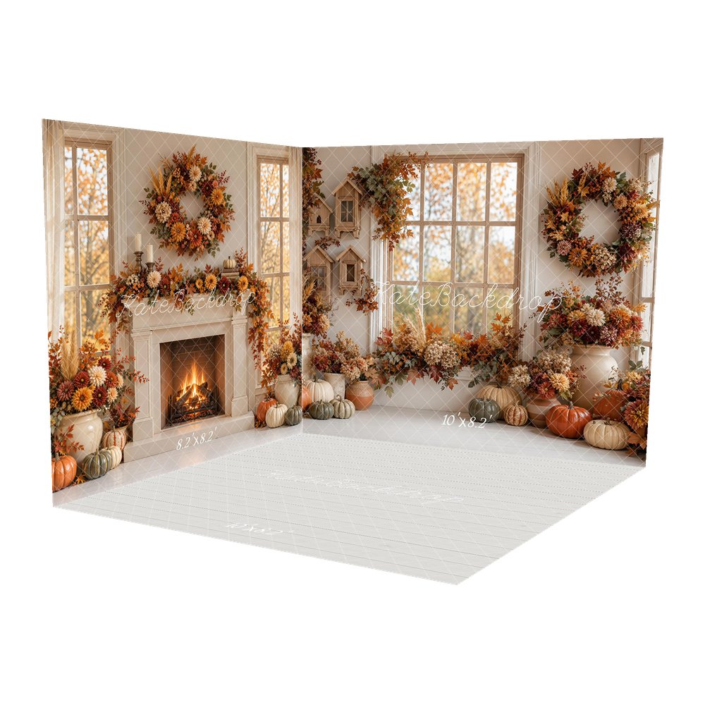 Kate Fall Cozy Interior Pumpkins Floral Window Wreath Printed Backdrop Room Set