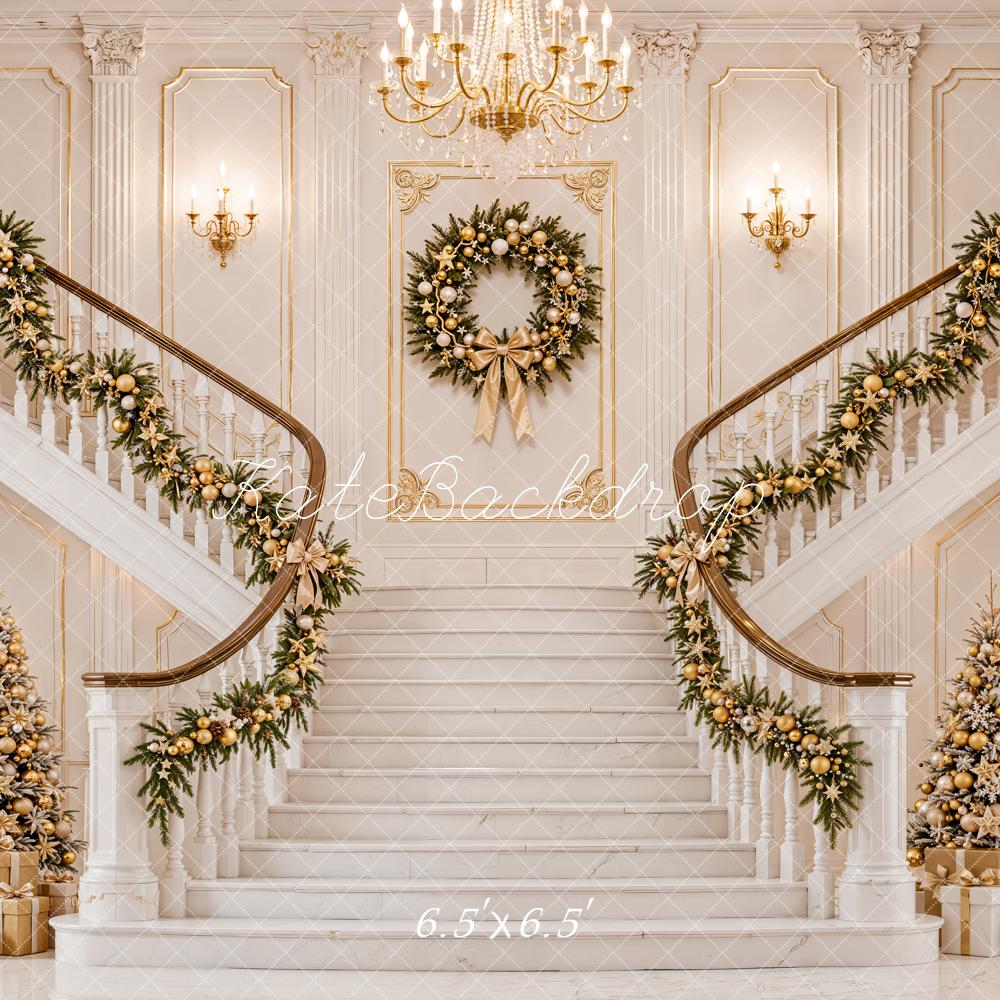 Kate Christmas Cascading Stairs Garland Wreath Ornate Interior Printed Backdrop Designed by Emetselch