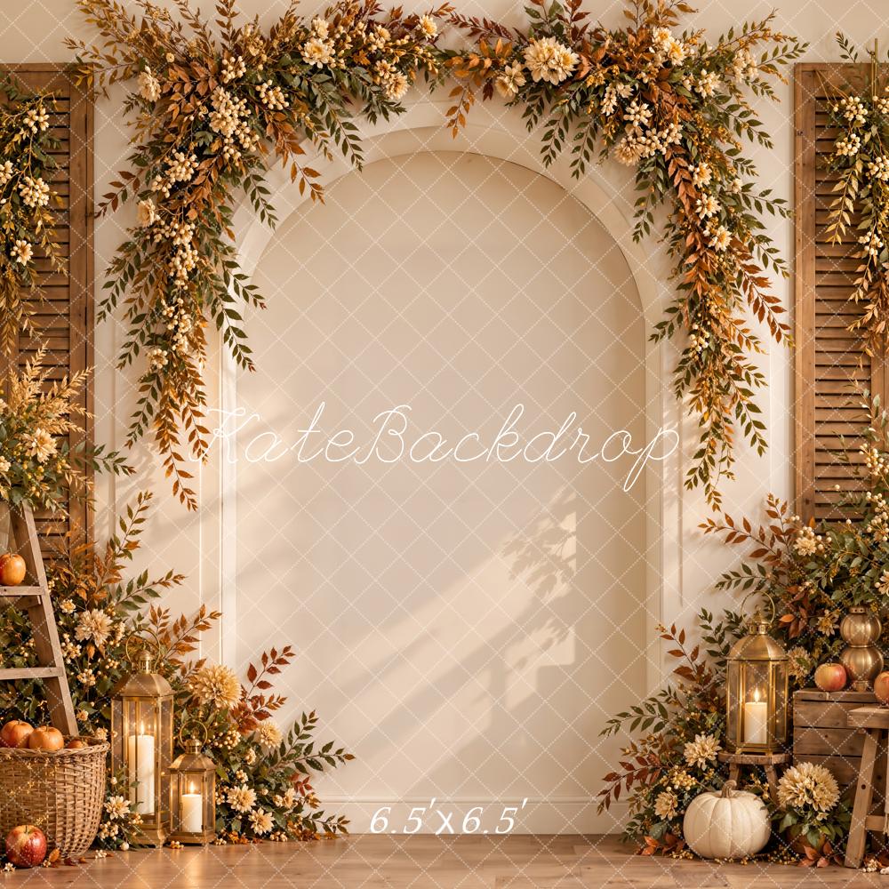 Kate Fall Floral Arch Pumpkins Shutters Wall Sunlight Printed Backdrop Designed by Emetselch
