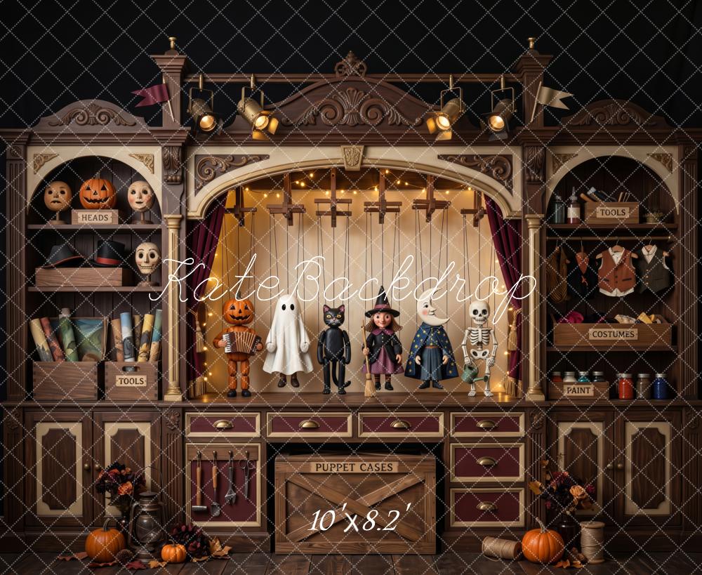 Kate Halloween Marionette Theatre Cabinet Brown Printed Backdrop Designed by Patty Roberts