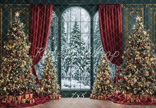 Kate Christmas Tree Red Curtains Snowy Window Gifts Printed Backdrop Designed by Ashley Paul