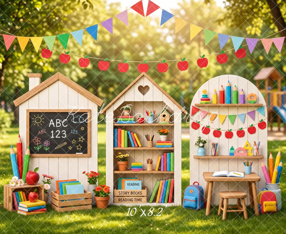 Kate Back To School Schoolyard Classroom Books Apples Printed Backdrop Designed by Patty Roberts
