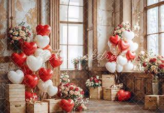 Kate Valentine Heart Balloons Wooden Vintage Window Printed Backdrop Designed by Emetselch