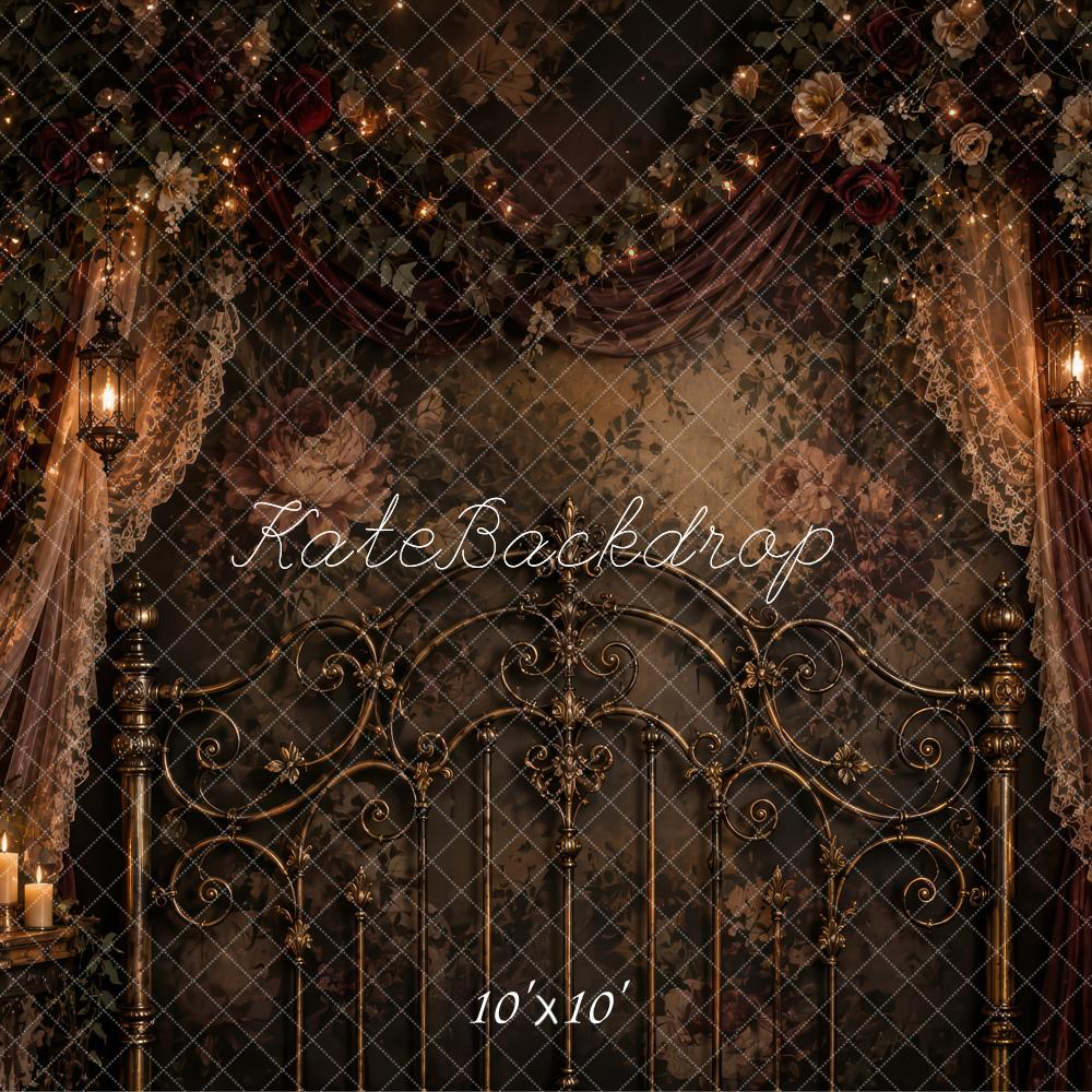 Kate Vintage Brown Gothic Headboard Floral Drapes Printed Backdrop Designed by Laura Bybee