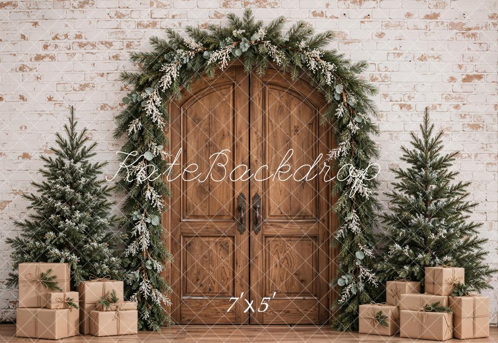 Kate Christmas Rustic Wood Arched Door Garland Trees Gifts Printed Backdrop Designed by Emetselch