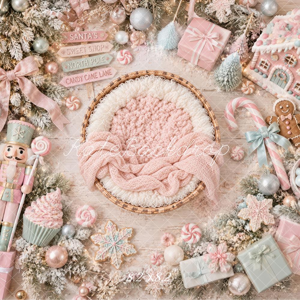 Kate Christmas Newborn Pink Pastel Candy Gingerbread Nutcracker Printed Backdrop Designed by Laura Bybee
