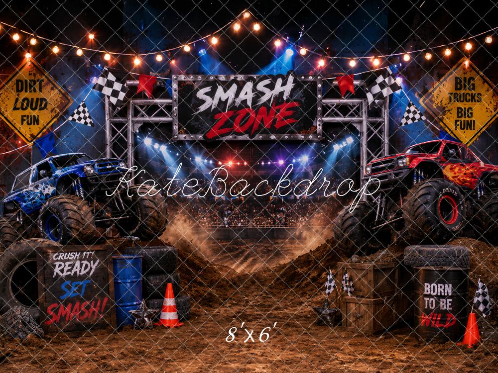 Kate Cake Smash Monster Truck Zone Dirt Arena Checkered Flags Printed Backdrop Designed by Ashley Paul