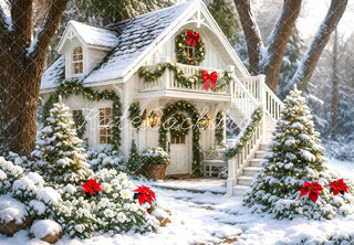 Christmas Snowy Cottage Garland Red Bows Backdrop Designed by Mini MakeBelieve