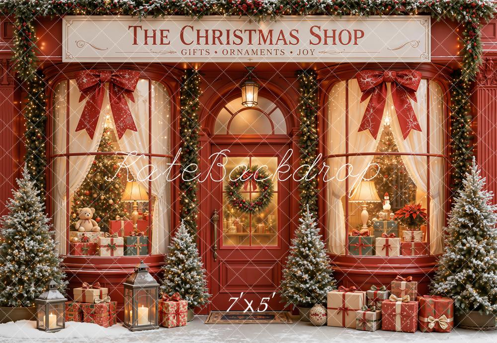 Kate Christmas Storefront Red Gift Boxes Christmas Trees Printed Backdrop Designed by Emetselch