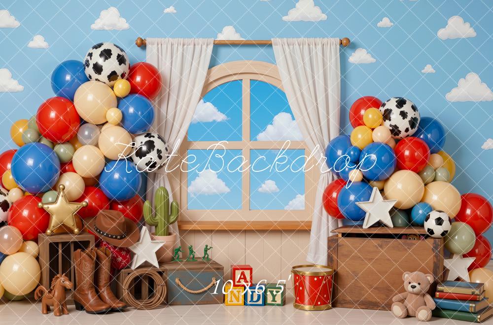 Kate Cake Smash Cowboy Toys Boots Balloons Window Blocks Printed Backdrop Designed by Mini MakeBelieve