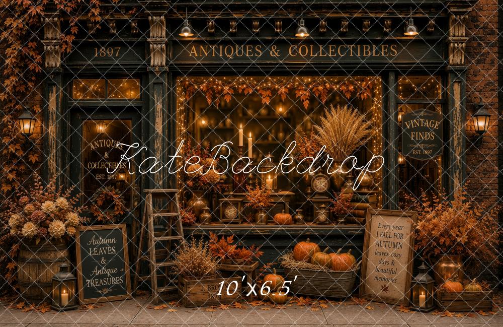 Kate Fall Antique Store Pumpkins Maple Leaves Lanterns Printed Backdrop Designed by Ashley Ward