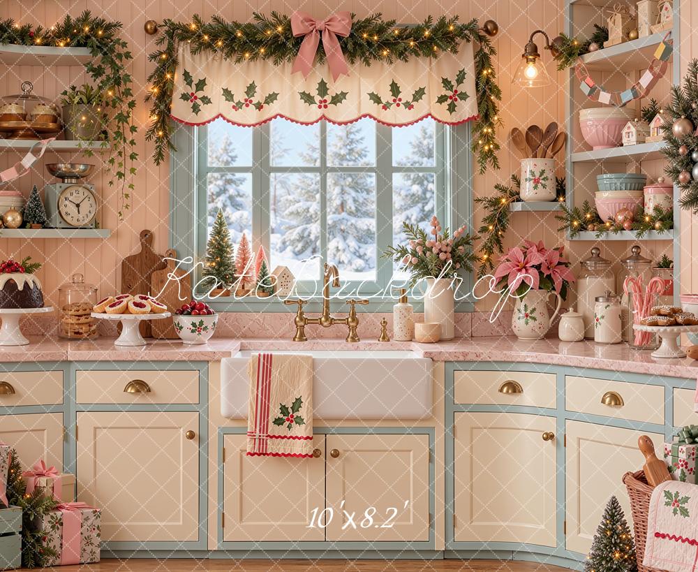 Kate Christmas Kitchen Pink White Garland Baking Printed Backdrop Designed by Shutter Swan Studios