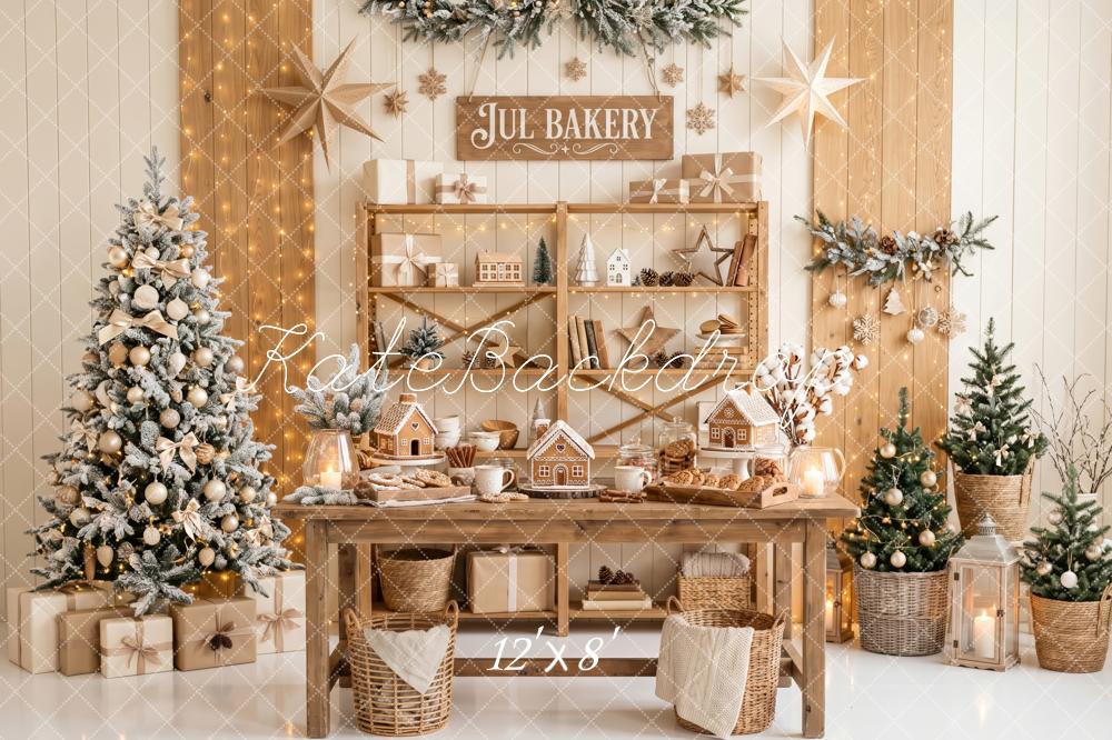 Kate Christmas Kitchen Bakery Gingerbread House Trees Neutral Printed Backdrop Designed by Patty Roberts