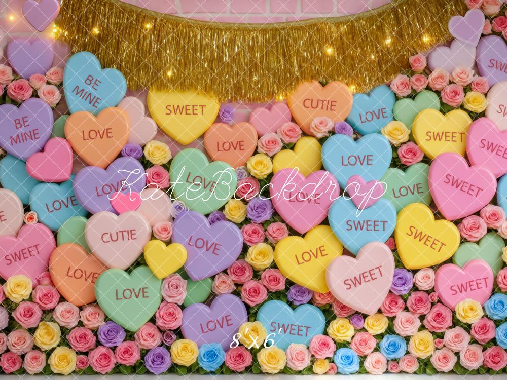 Kate Valentine's Day Pastel Candy Hearts and Roses Wall Backdrop Designed by Mini MakeBelieve