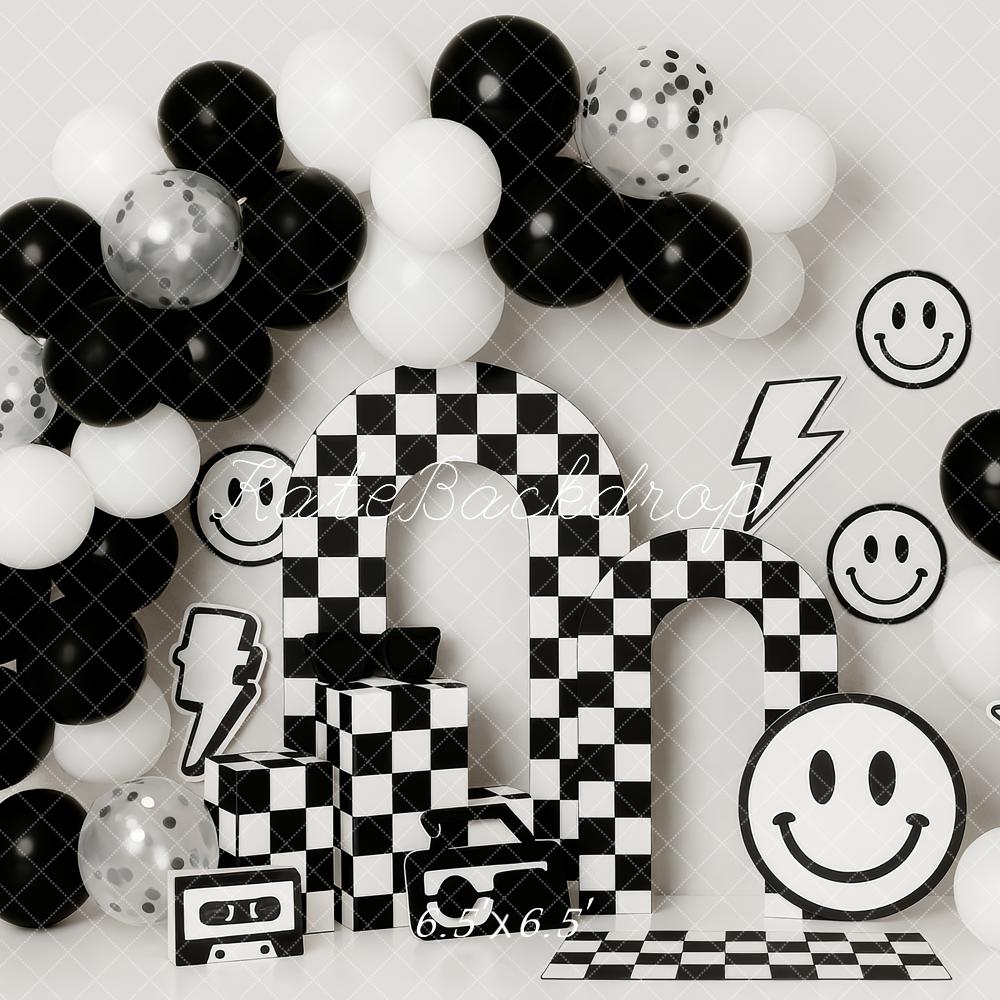 Kate Cake Smash Black White Checkered Arch Balloons Smiley Face Backdrop Designed by Patty Roberts