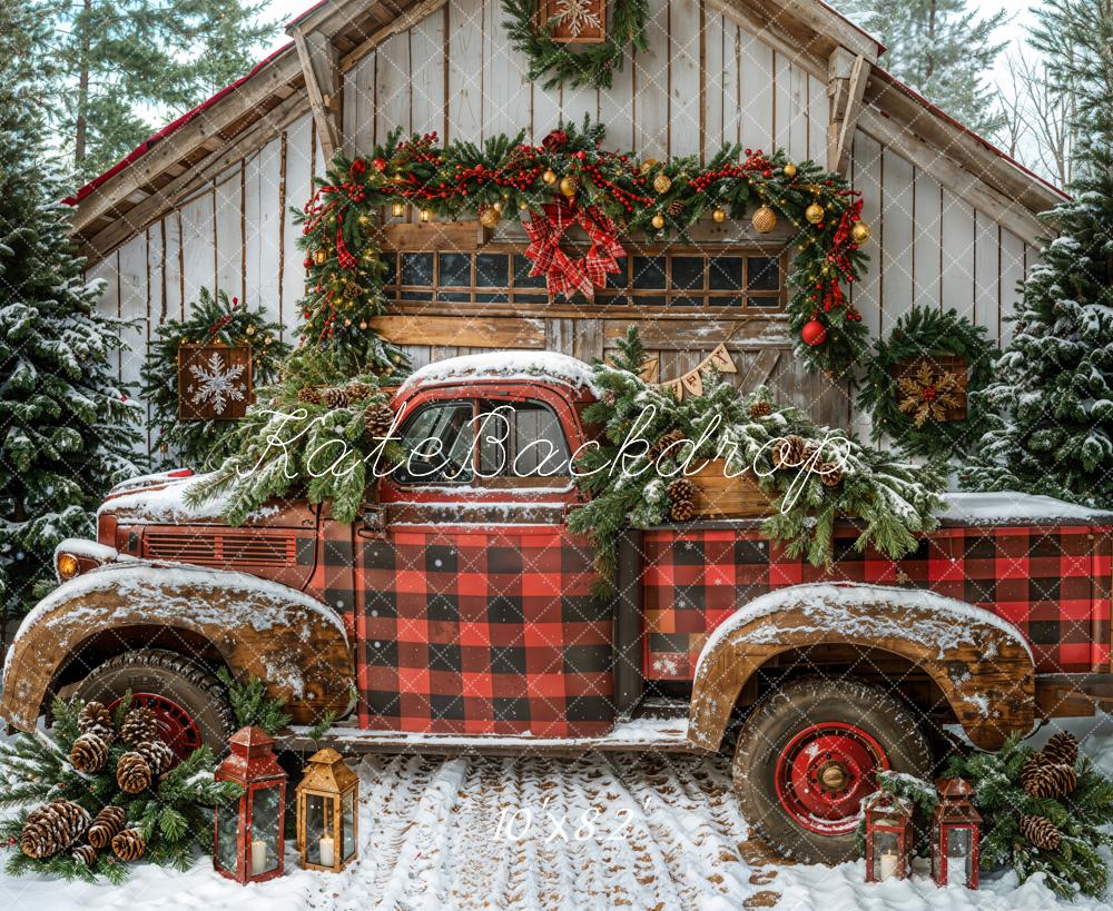 Kate Christmas Red Plaid Truck Cabin Snow Backdrop Designed by Emetselch