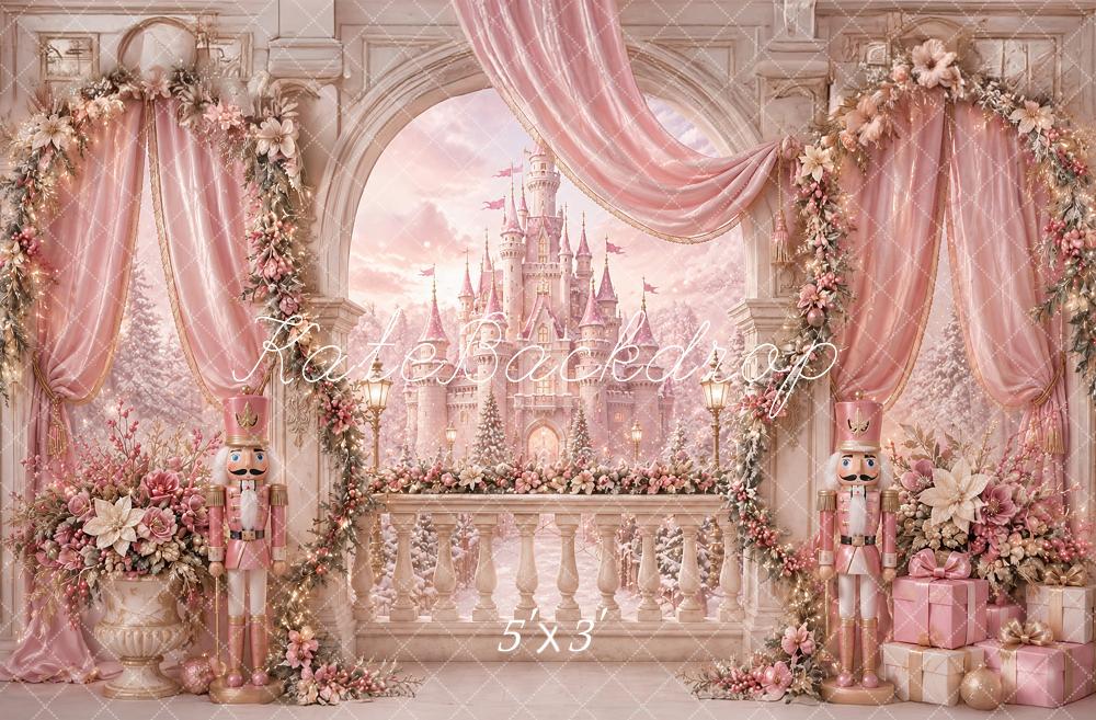 Kate Christmas Pink Castle Arch Nutcracker Drapery Flowers Printed Backdrop Designed by Ashley Paul