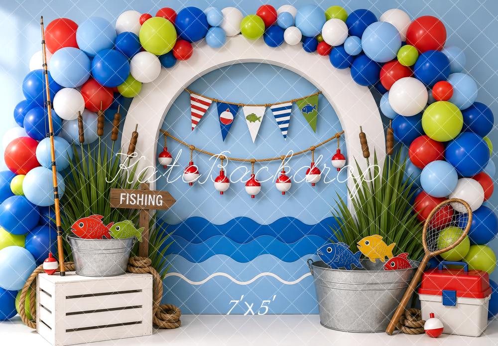 Kate Cake Smash Fishing Arch Balloons Fish Waves Printed Backdrop Printed Backdrop Designed by Shutter Swan Studios