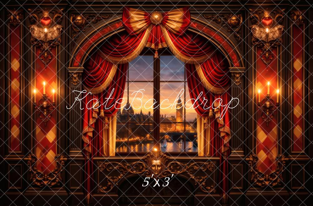 Kate Red Gold Baroque Window Curtains Candlelight Printed Backdrop Designed by Vertigo Productions