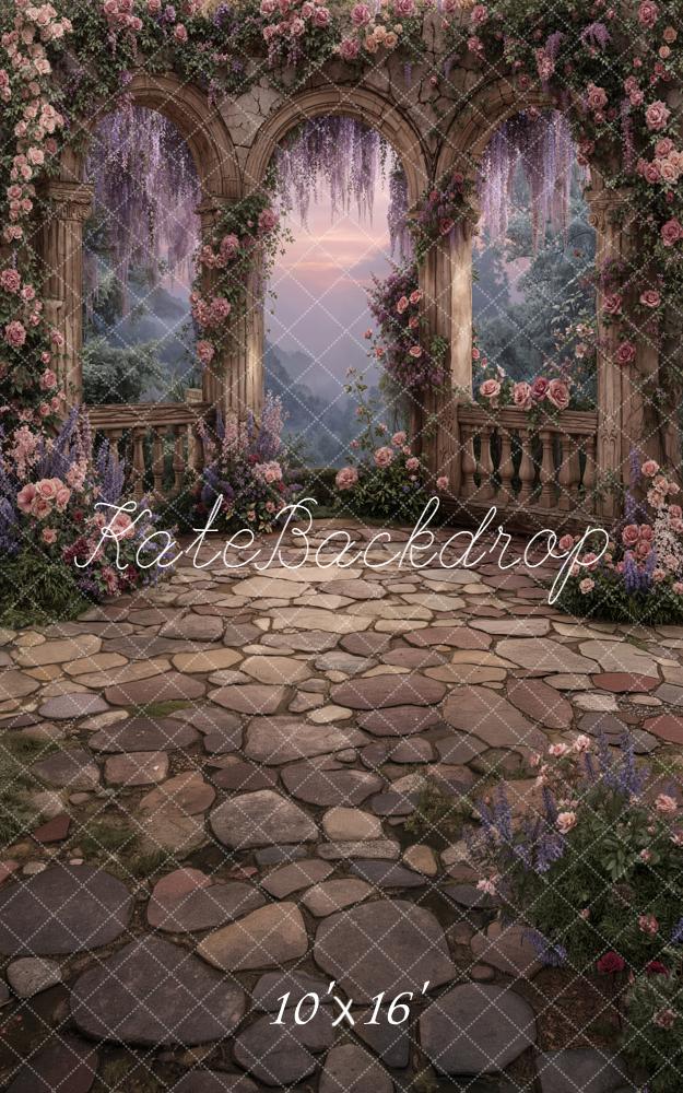 Kate Sweep Spring Flower Arch Stone Arches Cobblestone Path Backdrop Designed by Chain Photography