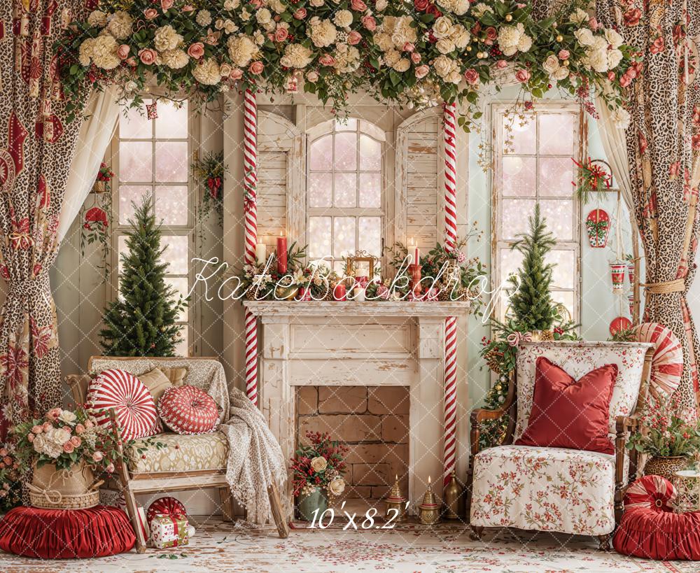 Kate Valentines Floral Fireplace Candy Cane Windows Leopard Backdrop Designed by Emetselch