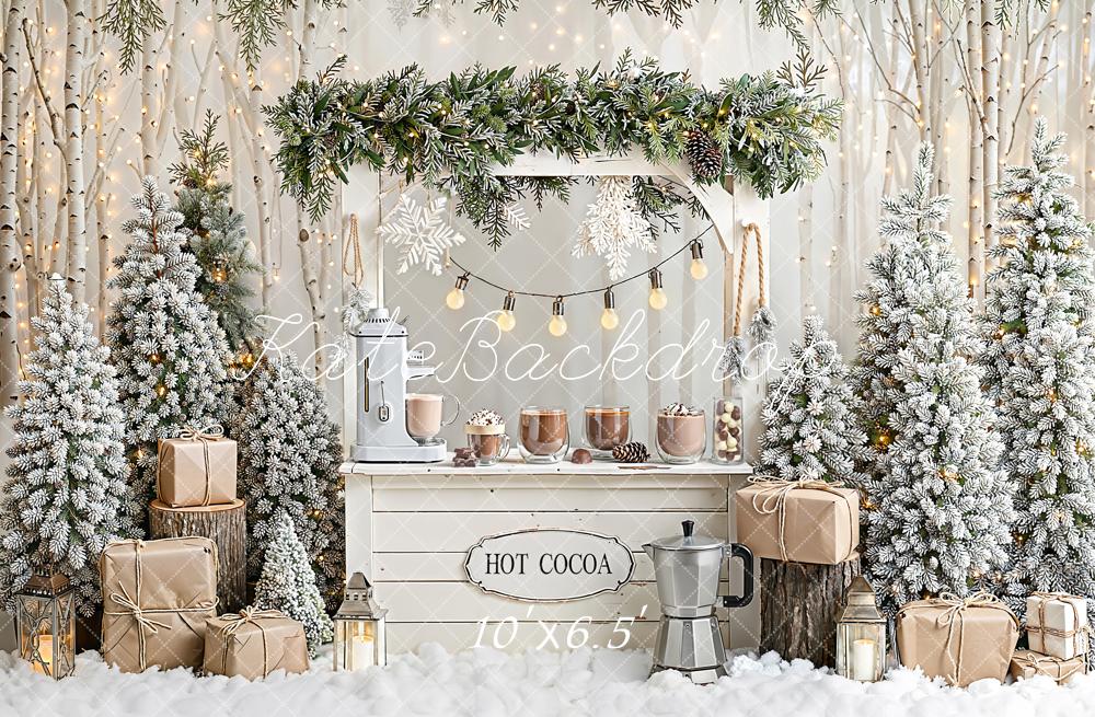 Kate Christmas Hot Cocoa Stand Snowy Trees Gifts Rustic Backdrop Designed by Emetselch