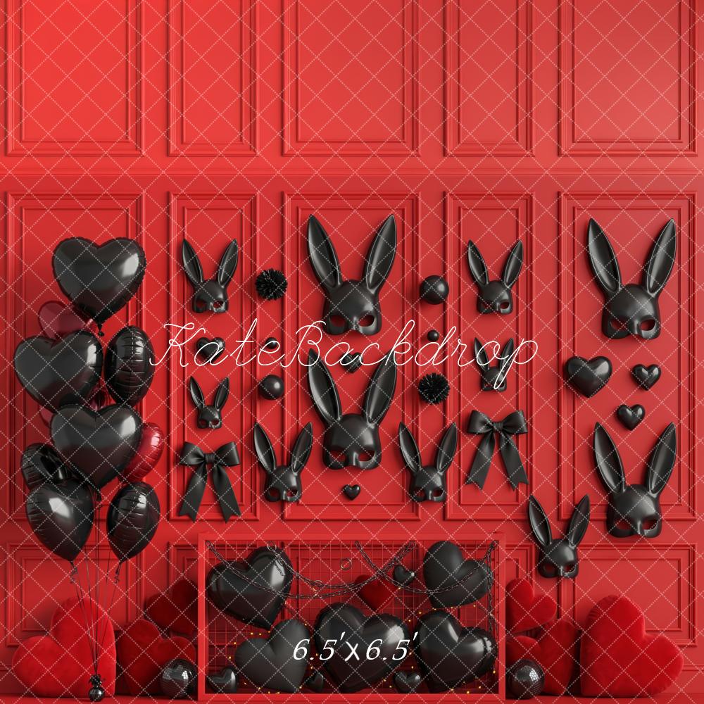 Kate Valentine's Day Boudoir Black Bunny Balloons Red Wall Hearts Printed Backdrop Designed by Patty Roberts