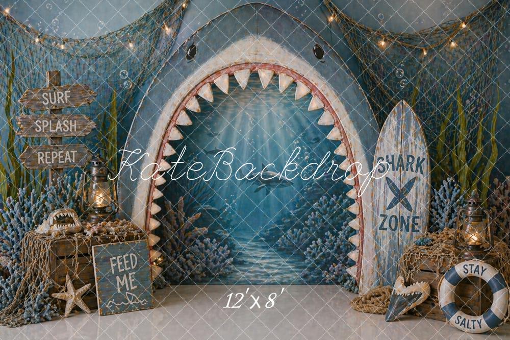 Kate Nautical Shark Mouth Ocean Surfboard Blue Printed Backdrop Designed by Caitlin Lynch