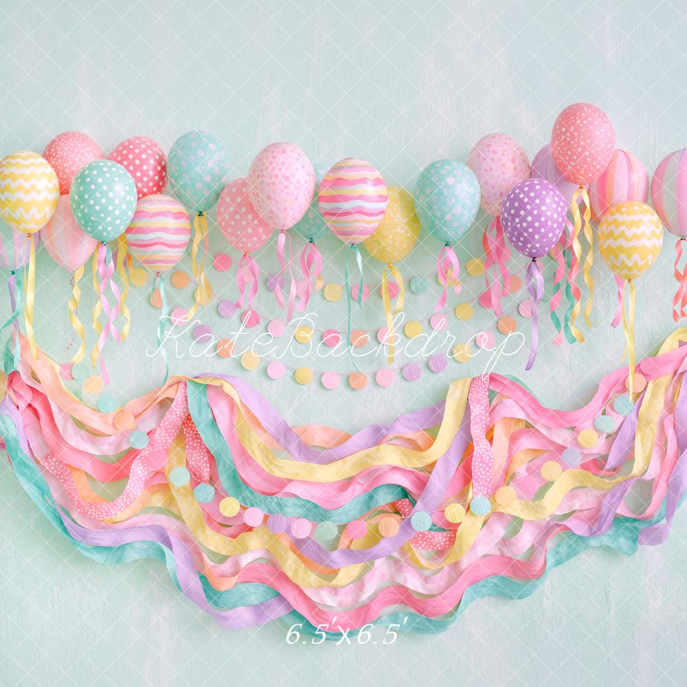 Kate Birthday Party Kids Pastel Balloons Streamers Printed Backdrop Designed by Angela Miller